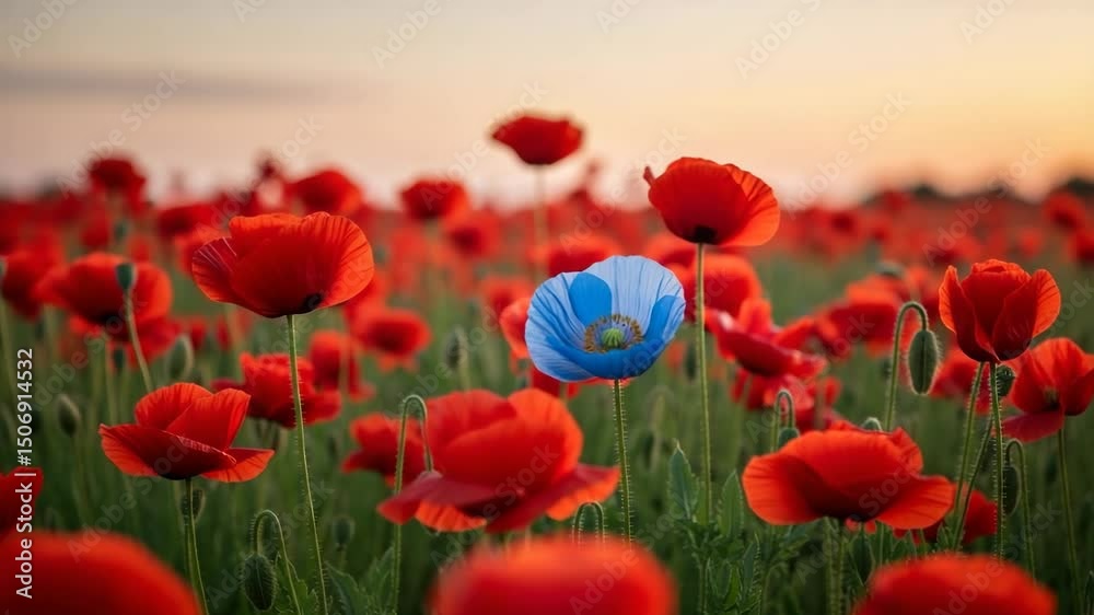 Flor de amapola azul entre amapolas rojas en un campo, video. Concepto de diferencia, singularidad.

