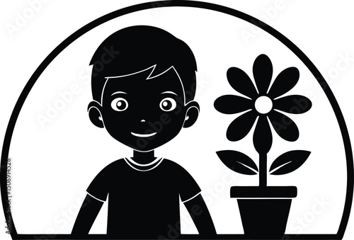Black and white vector of a smiling boy holding a flower pot, indoor plant care theme, ideal for eco education materials