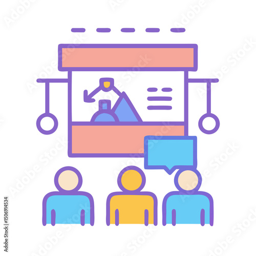 Informative seminar with presenters and audience flat design illustration