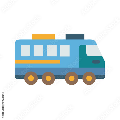 Flat graphic illustration of blue recreational vehicle on White