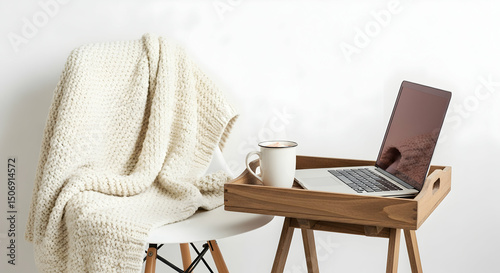 Cozy Workspace Laptop Blanket and Coffee on a Wooden Tray