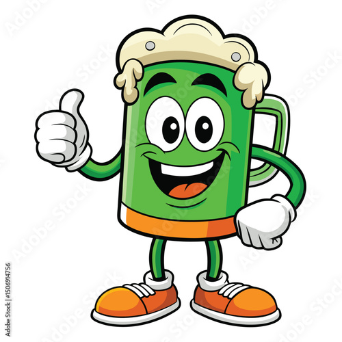 Cheerful green beer mug character giving thumbs up showing positive approval and success