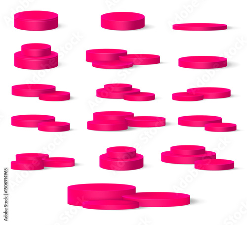Set of bright pink empty product podiums. Isolated on a white background.