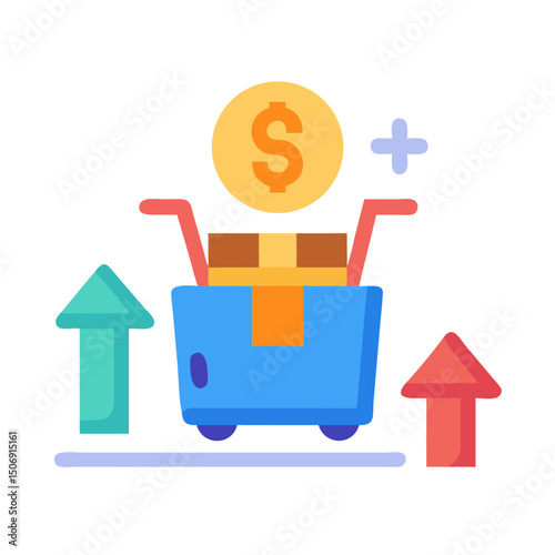 Shopping cart with dollar coin and rising graph arrows