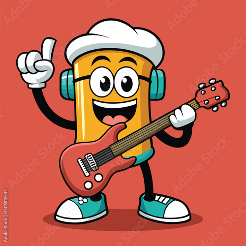 Cheerful pasta character plays electric guitar and wears headphones on a red background