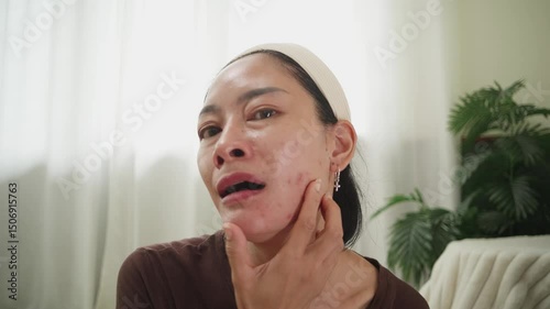 Shocked woman reacting to irritated skin and acne on her face while checking in mirror under soft indoor light