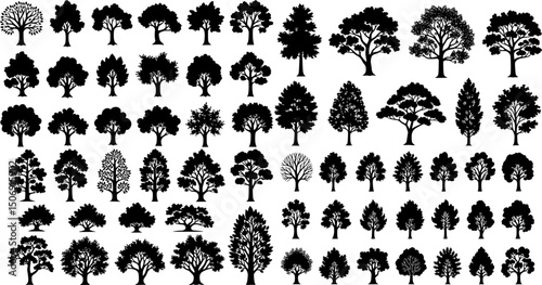 Black silhouette icons of trees showcasing various shapes and sizes against a plain background with different leaf densities