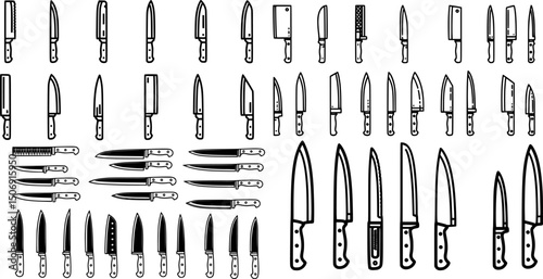 Icon set of kitchen knives with various designs and shapes for culinary use and graphic design applications