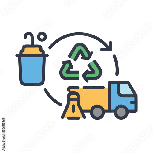 Recycling process graphic illustrating collection truck and waste conversion