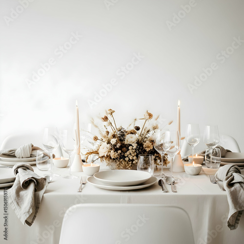 Minimalist Table Setting Elegant White Linen Dried Flowers Candlelight Dinner