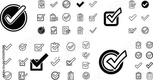 Isolated black check mark icons in a modern style. Vote symbol tick. Approved icon. Check mark icon set. Tick checkmark checklist button icon.