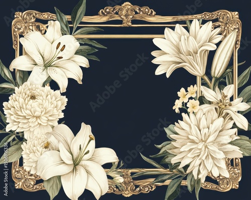 Vintage funeral memorial template with ornate golden frame and floral botanical design on dark background