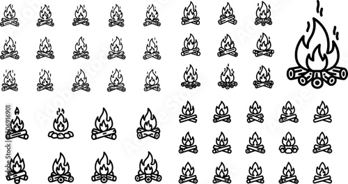 Icon set featuring simple campfire designs with logs and flames for outdoor themes