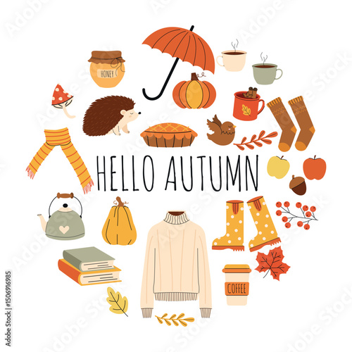 Hello Autumn in hand drawn style. Cute autumntime doodle banner design in round frame. Autumn elements in flat style.