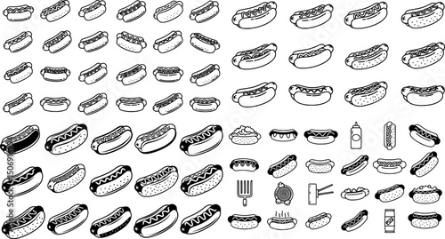 Variety of hot dog icons designed for culinary and event graphics in a minimal style
