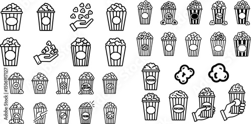 Icon set featuring different popcorn designs for snack and cinema themes
