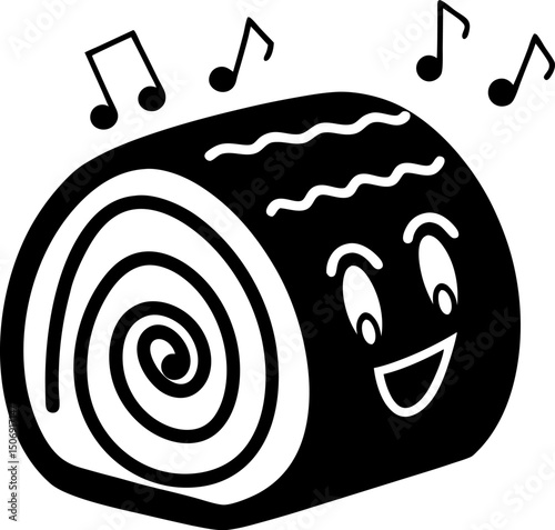 Happy dessert character with musical notes, representing joy and sweetness
