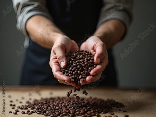 Man grasping and releasing coffee beans with some falling back into a burlap sack while the background subtly blurs, photorealistic style with warm  photo