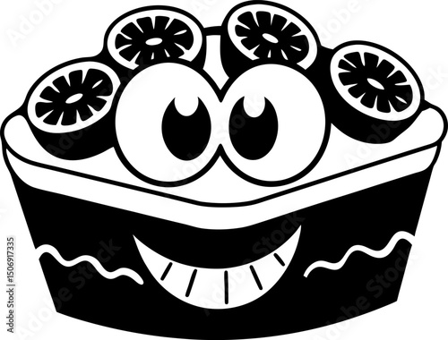 Cute dessert character with big eyes and smile, topped with fruit slices