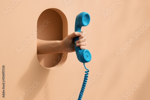 Hand Holds Vibrant Blue Retro Telephone Through Opening, Nostalgia, Communication, Connectivity