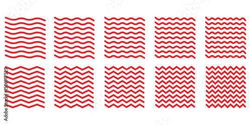 Wave line and wavy zigzag lines. Wave zigzag pattern. Set of wavy zigzag lines. Vector zigzag and wavy horizontal underline. Red zig zag wave pattern background. Zigzag thin line strokes simple.  