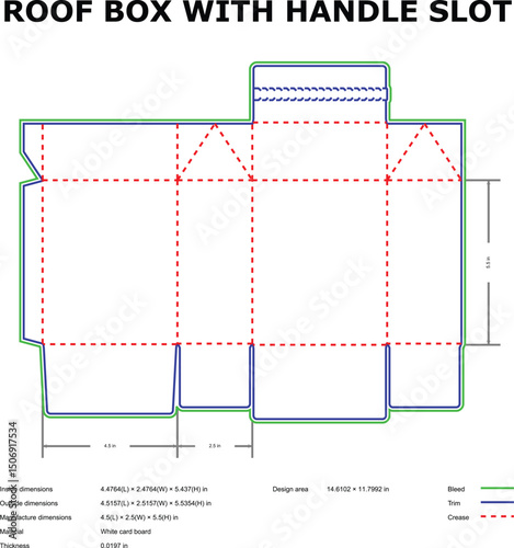 Roof box packaging design template with handle slot die cut