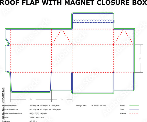 Roof flap magnet closure box packaging template diagram