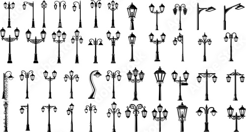 Icon set featuring various street lamp designs in silhouette style suitable for graphic design projects

