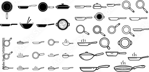 Icon set representing various types of frying pans in a minimalist design for culinary applications and kitchen decoration
