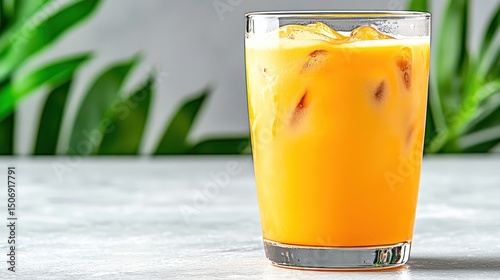 Iced Orange Juice in Glass with Tropical Greenery Background
