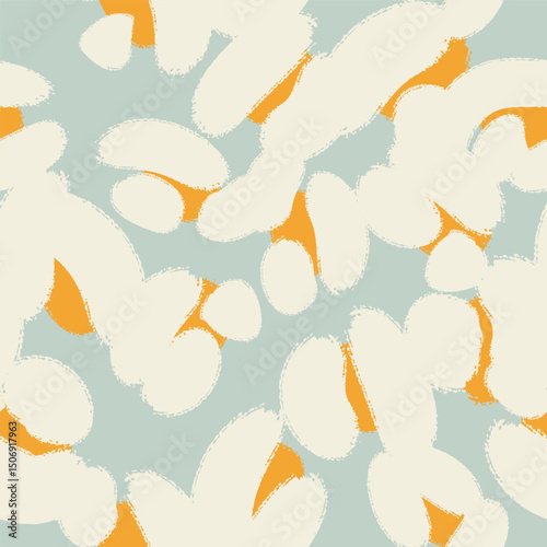 Floral seamless blue pattern with different abstract white cotton  flowers. Vector background, design, print