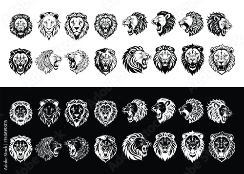 32 Unique Black and White Lion Head Vector Silhouettes A Versatile Vector Set for Designers, Tattoo Artists, and Graphic Creators