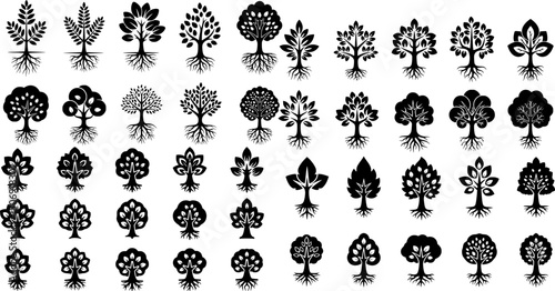 Modern illustration featuring silhouettes of decorative garden plants, including a set of bush and bare bush
