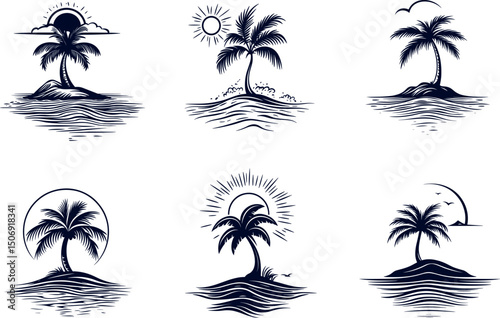 Palm tree island silhouettes isolated on white background