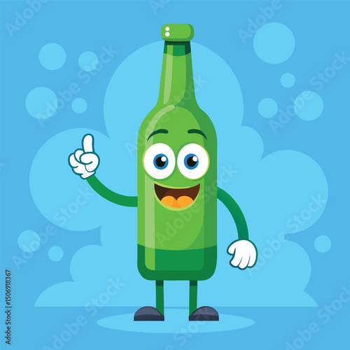 Friendly cartoon bottle character giving a thumbs up gesturing against blue background