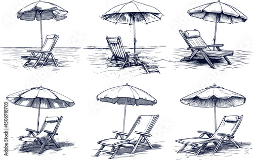 Beach chairs and umbrellas isolated on white background sketch style