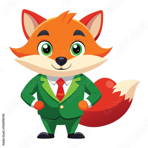Friendly cartoon fox wearing a business suit presenting a cheerful and positive attitude