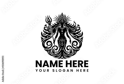 A powerful vector logo silhouette of Goddess Durga with flowing hair and a trident