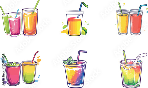 Variety of colorful fruit juice drinks isolated on white background
