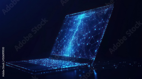 Futuristic laptop, glowing network, dark background, digital innovation