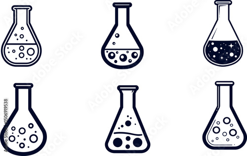 Laboratory beakers with liquid isolated on white background