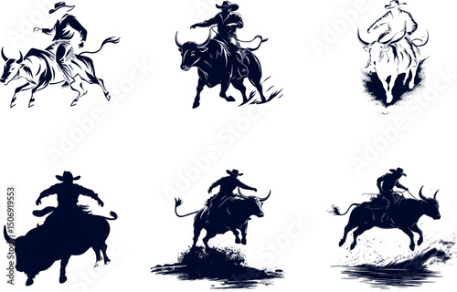 Cowboys riding bulls isolated on white background