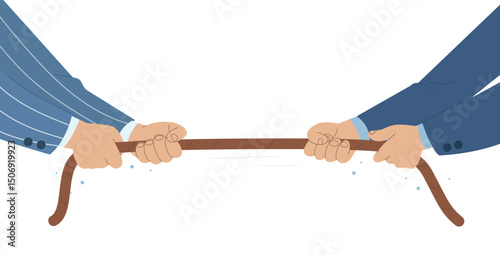 Businessman's hand in suit pulling rope, Business rivals, Office conflict, Competition symbol, Flat vector design illustration.