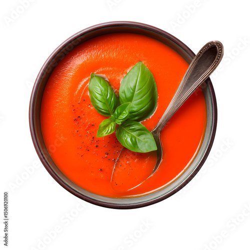 Bowl of tomato soup garnished with fresh basil and a vintage spoon on black backdrop.