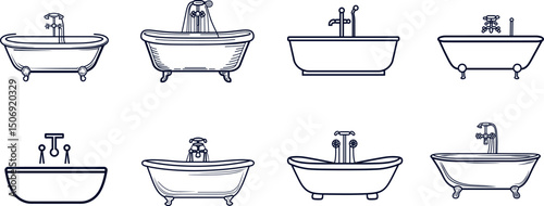Collection of bathtubs isolated on white background in line art style