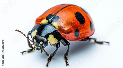 Detailed Closeup of a Vibrant Ladybug Resting on a Bright White Surface