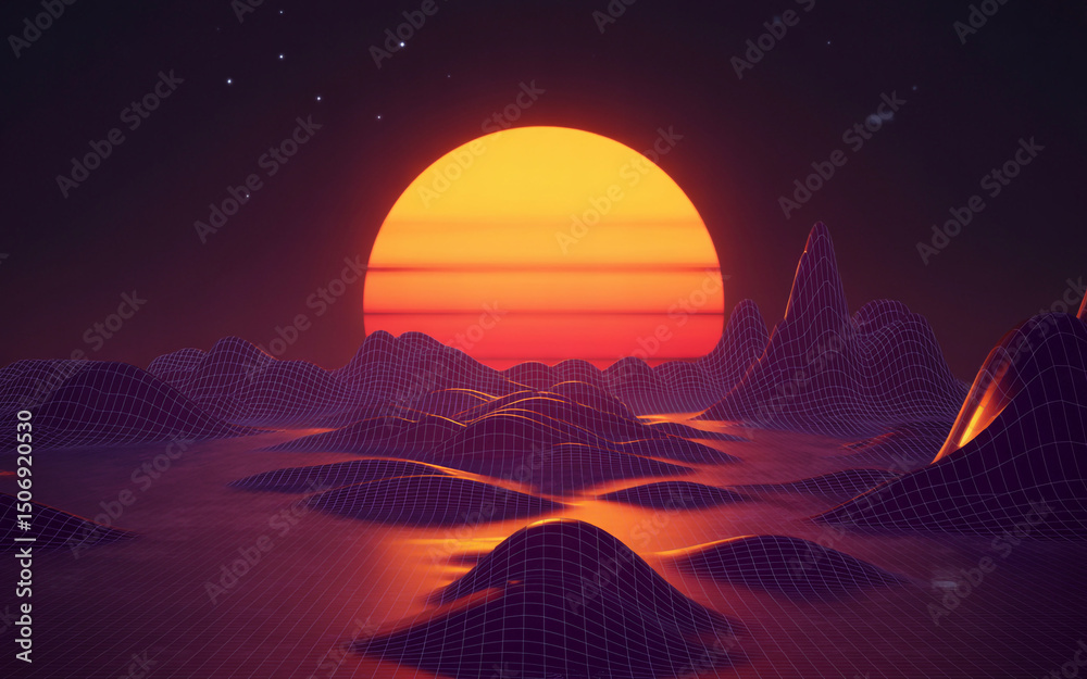 Obraz premium Retro sunset over wireframe landscape synthwave 80s aesthetic