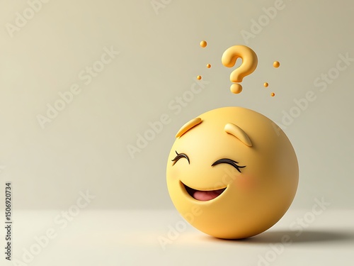 Confused and Happy Yellow 3D Emoji with a Question Mark Floating Above its Head on a Light Background