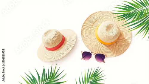 Summer vacation essentials straw hats sunglasses palm leaves white background