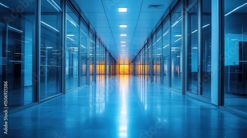 Wallpaper Mural Modern Office Corridor with Glass Walls and Blue Lighting Effects Torontodigital.ca